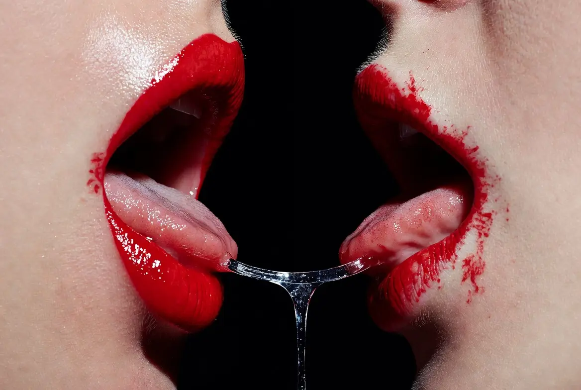 A close-up artistic side profile of two lips facing each other with bright red lipstick against a dark background.