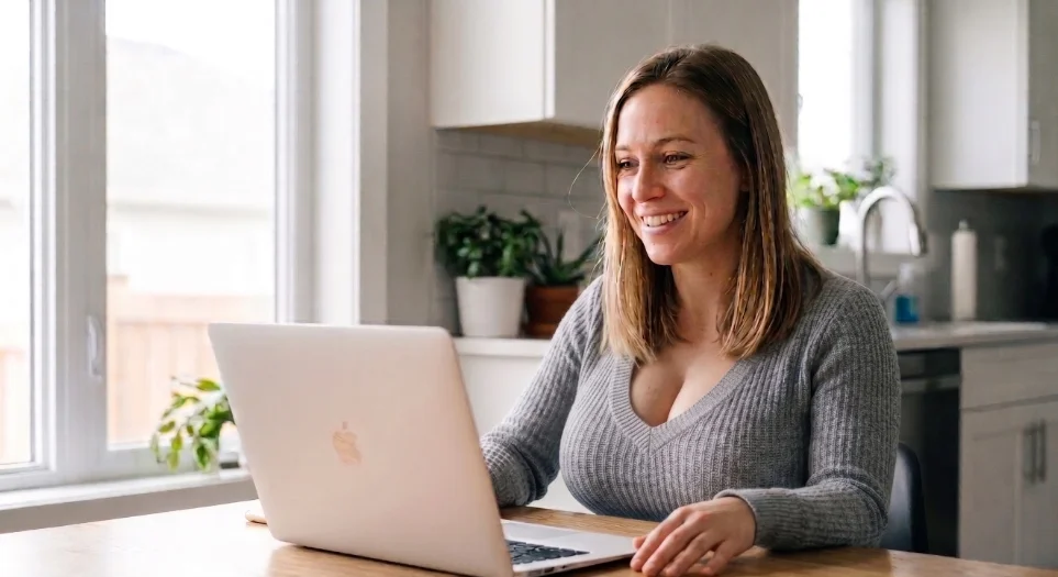 A young woman smiling as she looks at her laptop screen while sitting comfortably indoors.