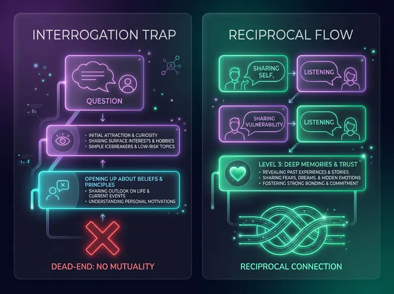Infographic comparing the linear Interrogation Trap vs circular Reciprocal Flow