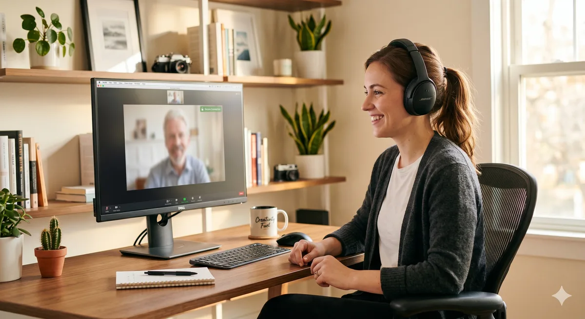Young man wearing headphones smiling during a secure video chat session with end-to-end encryption enabled — demonstrating safe random video chat practices using Signal and WebRTC leak protection