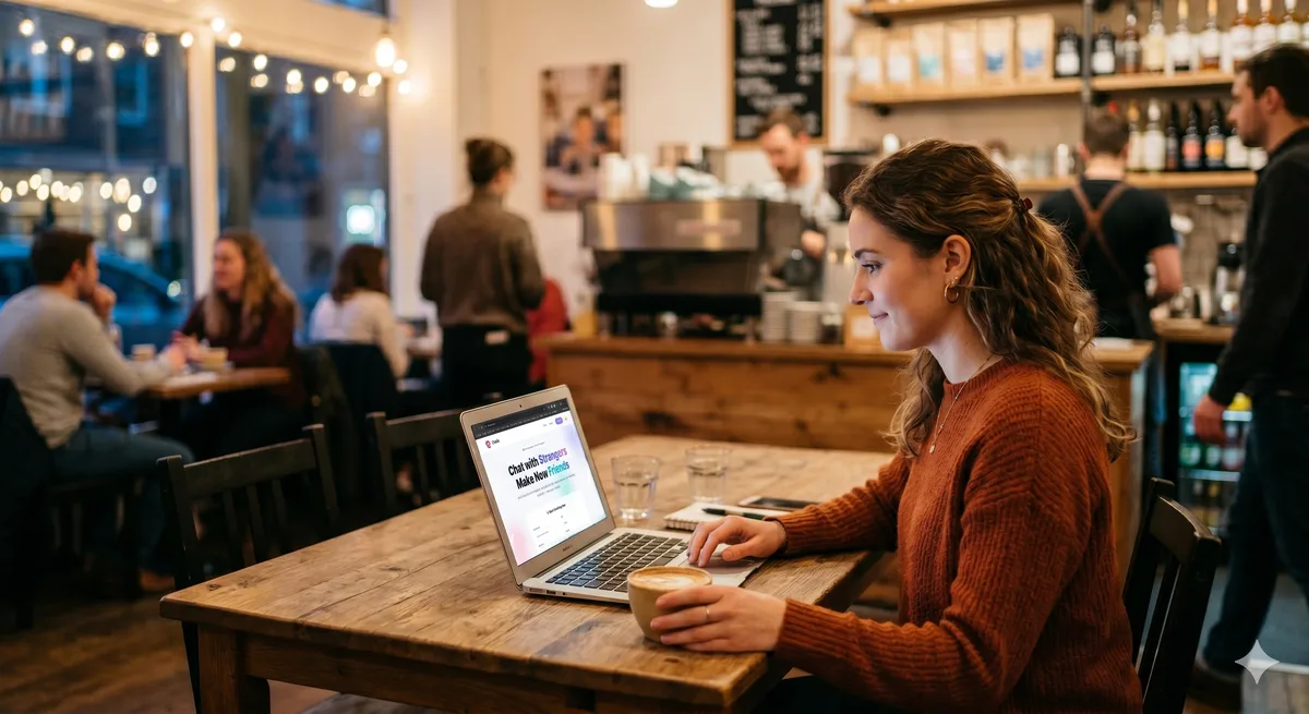 Teenager looking concerned at her laptop after receiving a suspicious phishing link in a stranger chat room — illustrating online predator tactics and social engineering attacks